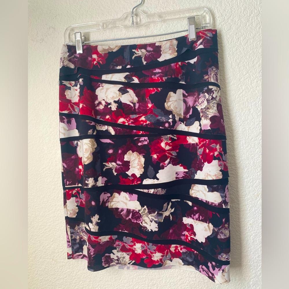Floral Pencil Skirt in Black, Red & White